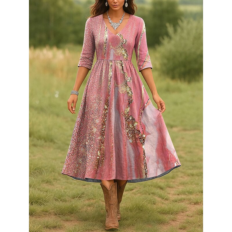 Women's Midi Dress Casual Dress A Line Dress Vacation Casual Regular Fit Floral Graphic 3/4 Length Sleeve V Neck Pink Red Navy Blue Blue Spring Fall3
