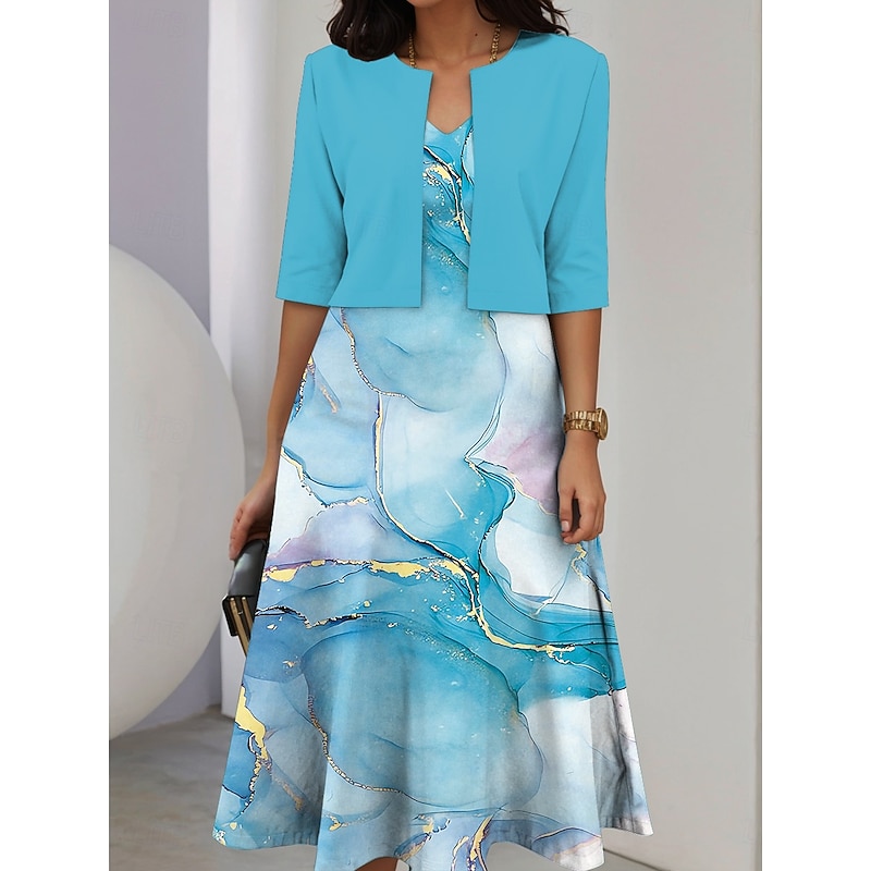Women's Two Piece Dress Sets Midi Dress with Jacket Elegant A Line Dress Half Sleeve Casual Semi Formal Ombre Graphic Print V Neck Date Light Yellow Sky Blue Purple Regular Fit