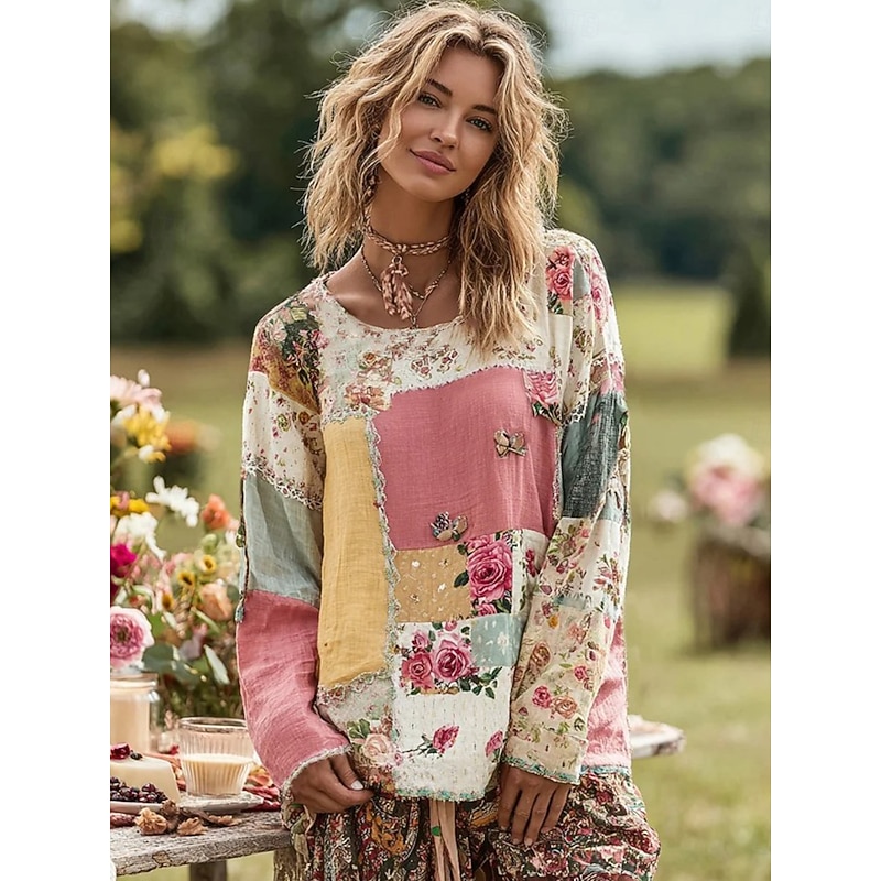 Women's Plus Size T Shirt Floral Color Gradient Oil painting flowers Basic Long Sleeve Crew Neck Regular Tops Daily Going out Weekend Print Pink Red Blue Purple Green Spring Fall Prefall