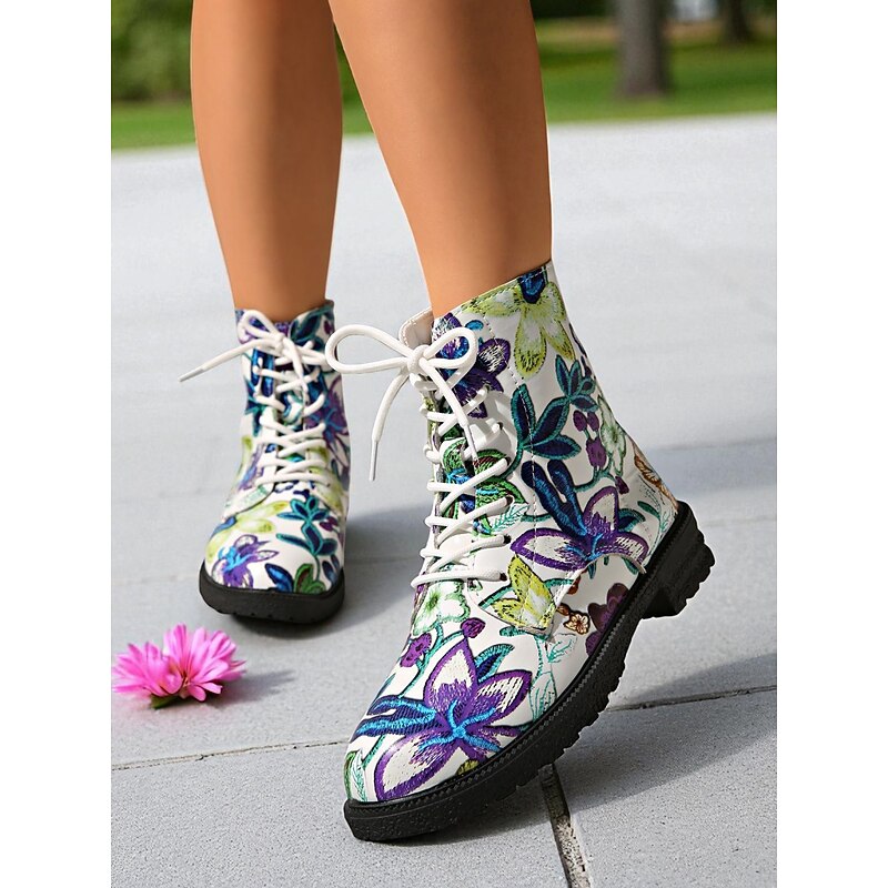 Women's White/Purple Floral Print Lace-Up Combat Boots – Casual Colorful Flower Pattern Ankle Boots for Daily Wear, Travel and Streetwear4