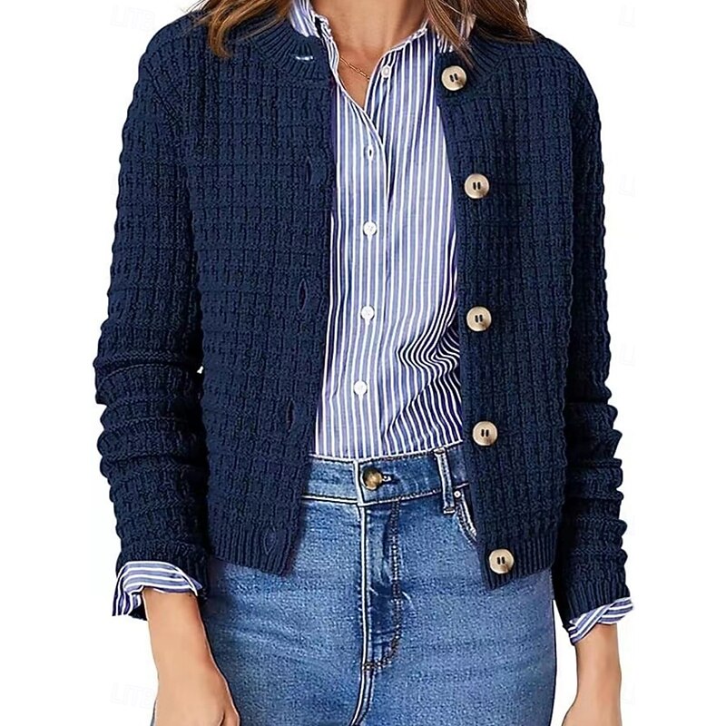 Women's Cardigan Daily Stylish Basic Crochet Crew Neck Buttons Knitted Long Sleeve Regular Tops Knit Outdoor Daily Black Navy Blue Fall Winter3