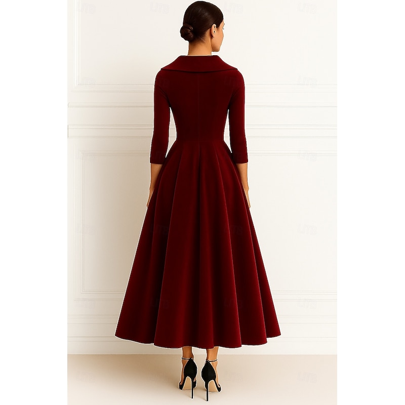 Red Black A-Line Mother of the Bride Dress Elegant Vintage Portrait Collar Floor Length Satin Velvet Long Sleeve with Ruching Solid Color2