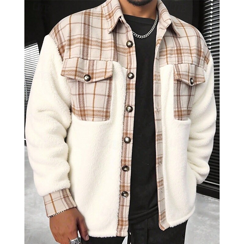 Men's Shirt Jacket Casual Jacket Shacket Vacation Daily Thermal Warm Pocket Fall Winter Plaid Fashion Classic Lapel Regular Beige Jacket2