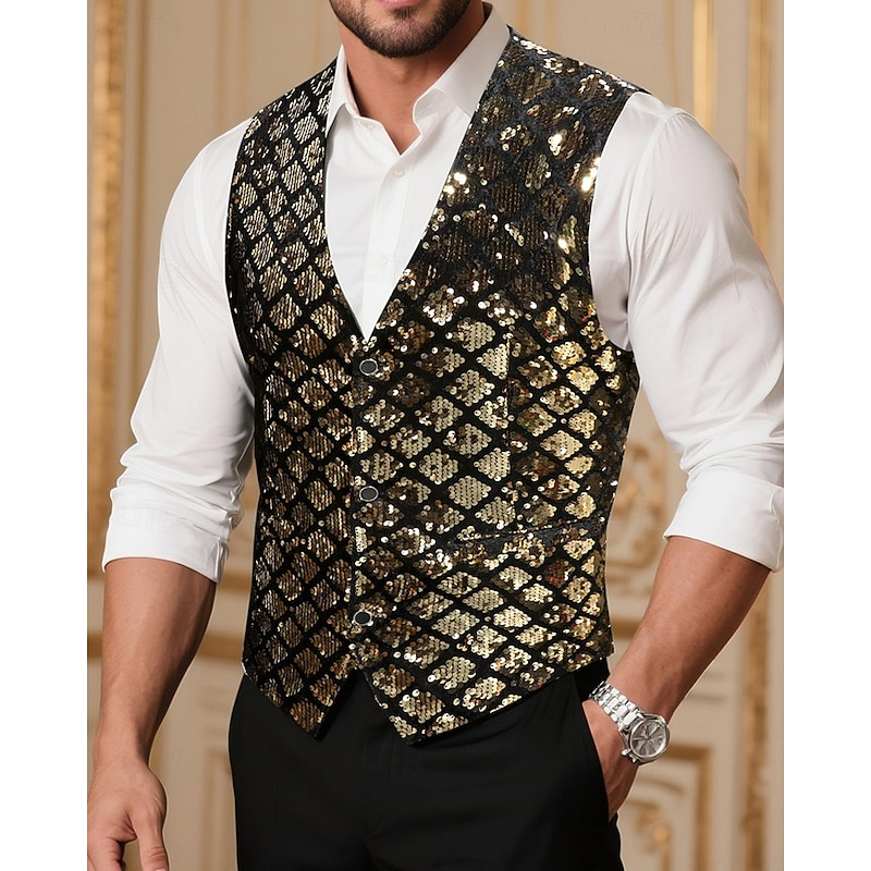 Men's Vest Waistcoat Gilet Vacation Party Business Fashion Casual Spring Fall Pocket Buttons Sequin Polyester Comfortable Argyle Single Breasted One-button V Neck Regular Fit Gold Vest
