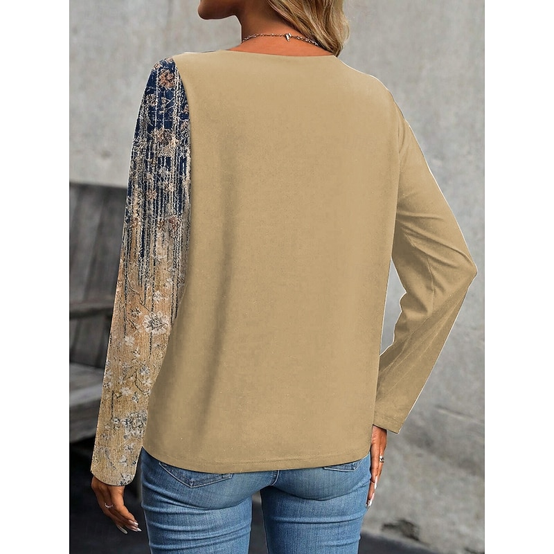 Women's T Shirt Ombre Geometric Vintage Casual Long Sleeve Crew Neck Regular Tops Daily Patchwork Print Pink Blue Purple Green Khaki Summer Fall Winter2