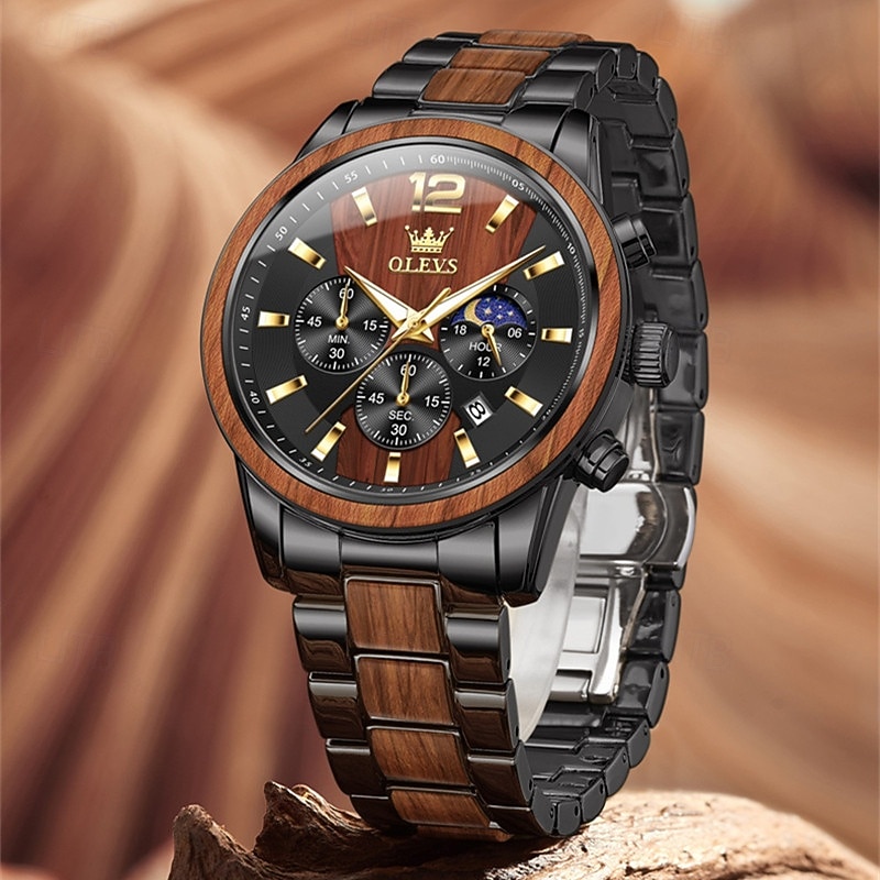 The New Olevs Men'S Business Watch With A Stainless Steel And Wood Head Strap Luminous Small Three Hands Waterproof Calendar Multi-Functional Quartz Watch High-End Casual And Fashionable Men'S Sp