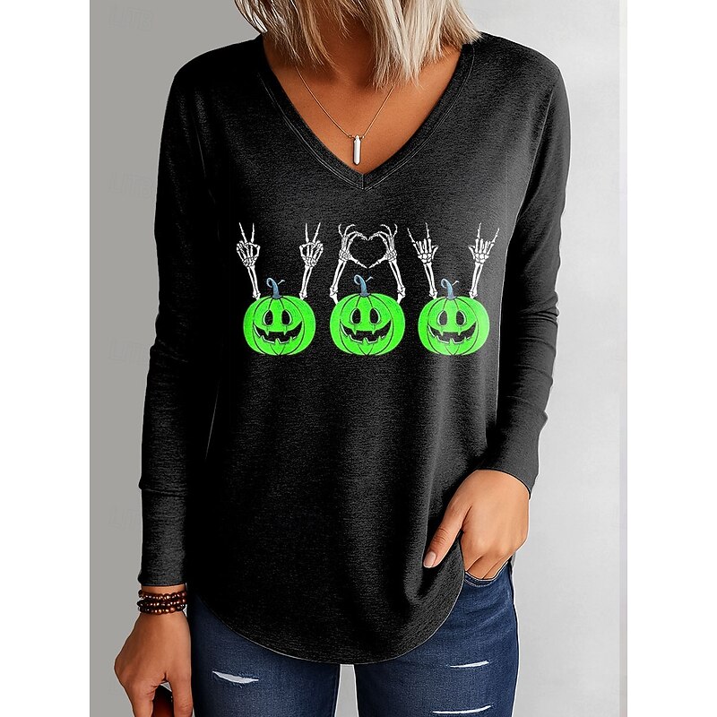 Halloween Women's T shirt Pumpkin Graphic Elegant Vintage Stylish Long Sleeve V Neck Regular Tops Daily Going out Weekend Print Blue Purple Orange Green Spring Fall3