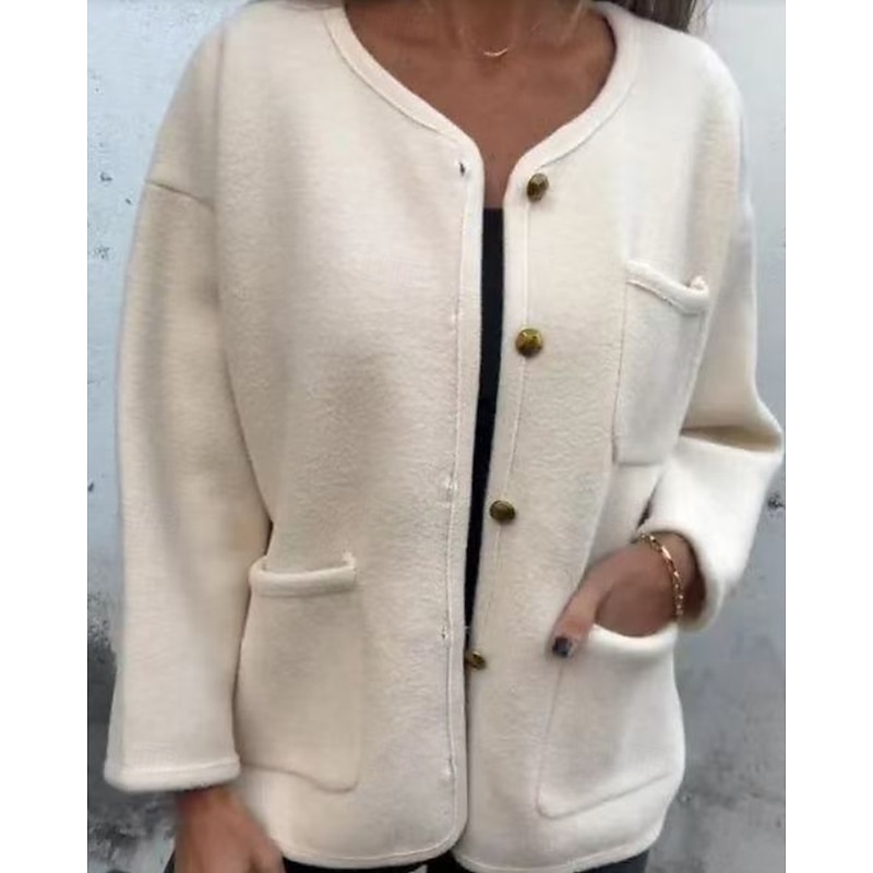 Women's Jacket Warm Comfortable Pocket Buttons Fashion Plain Going out Casual Daily Weekend Single Breasted Regular Crewneck Regular Fit Long Sleeve Outerwear Black White Khaki Fall Winter2