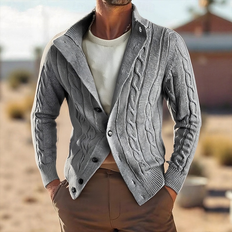 Men's Cardigan Sweater Cropped  Sweater Knit Sweater Ribbed Knit Regular Tops Buttons Plain Stand Collar Fashion Classic Vacation Daily Wear Clothing Apparel Fall Winter Black khaki M L XL