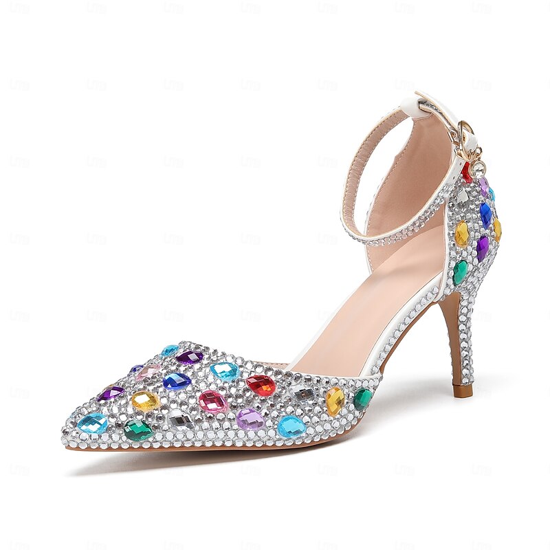 Women's Colorful Rhinestone Ankle Strap Heels – Sparkly Crystal Embellished Pointed Toe Stiletto Pumps for Wedding, Prom, and Party Events3