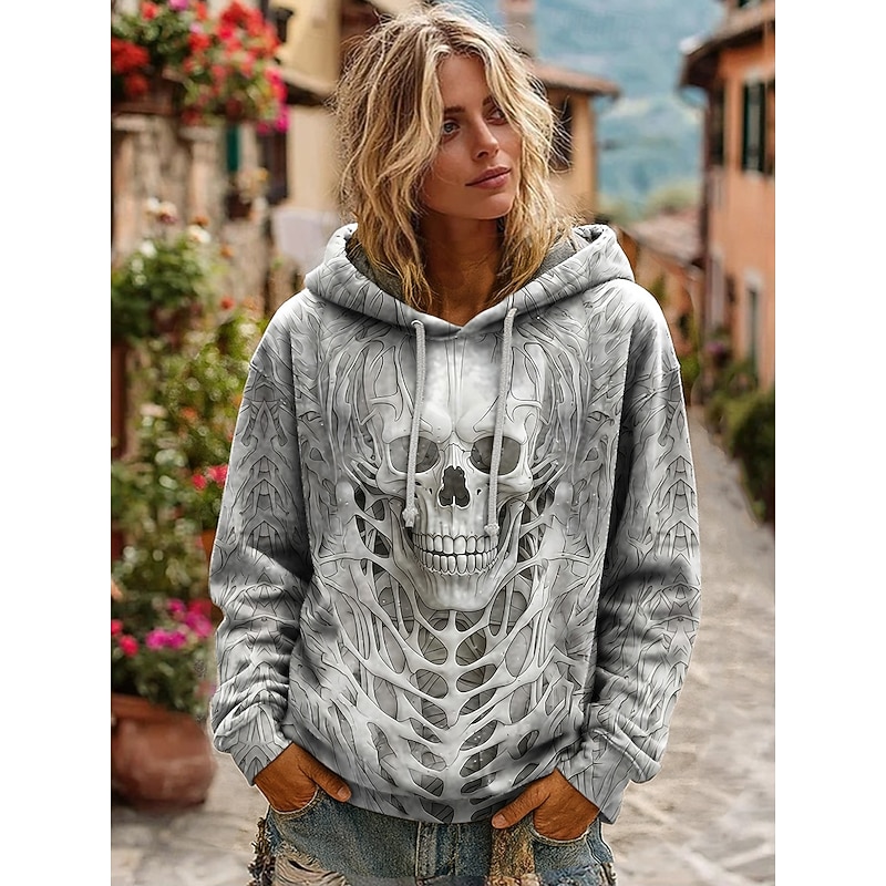Halloween Women's Hoodie Pullover Sweatshirt Oversized Long Sleeve Casual Skulls Graphic Abstract Fashion Print Hooded Regular Tops Street Dailywear Drawstring Print White Fall Winter