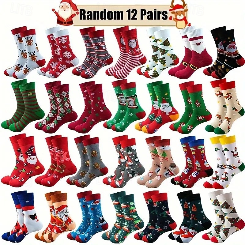 12 Pairs Christmas Style Thickened Warm Socks(Random Color), Cute Long Holiday Socks with Santa and Gingerbread Designs, Perfect Christmas Gift for Family and Friends