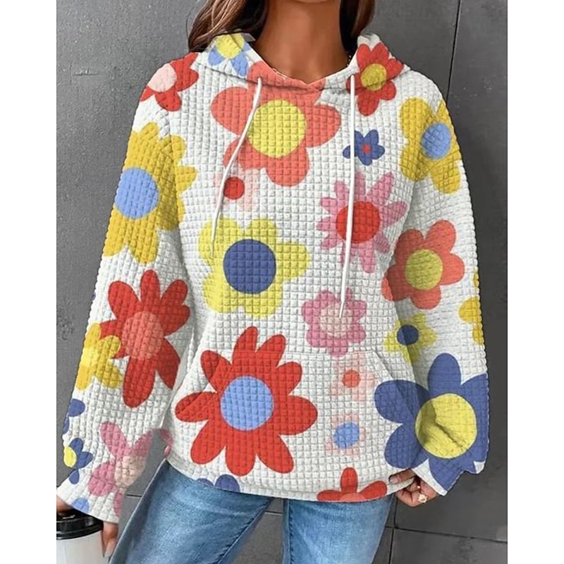 Women's Pullover Hoodie Sweatshirt Floral Streetwear Casual Long Sleeve Hooded Regular Tops Street Holiday Going out Pocket Print Black Yellow Dark Green Brown Fall Winter