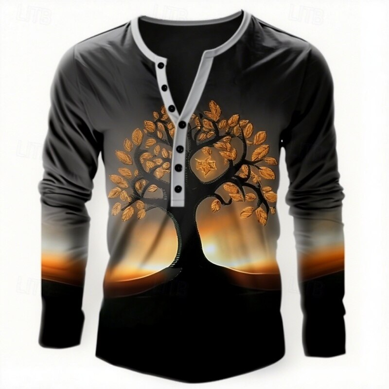 Men's Graphic Christmas Tree T Shirt Henley Shirt Tee Long Sleeve Vintage Designer Stylish Outdoor Casual Daily Spring & Summer Black Henley Henley T-Shirt
