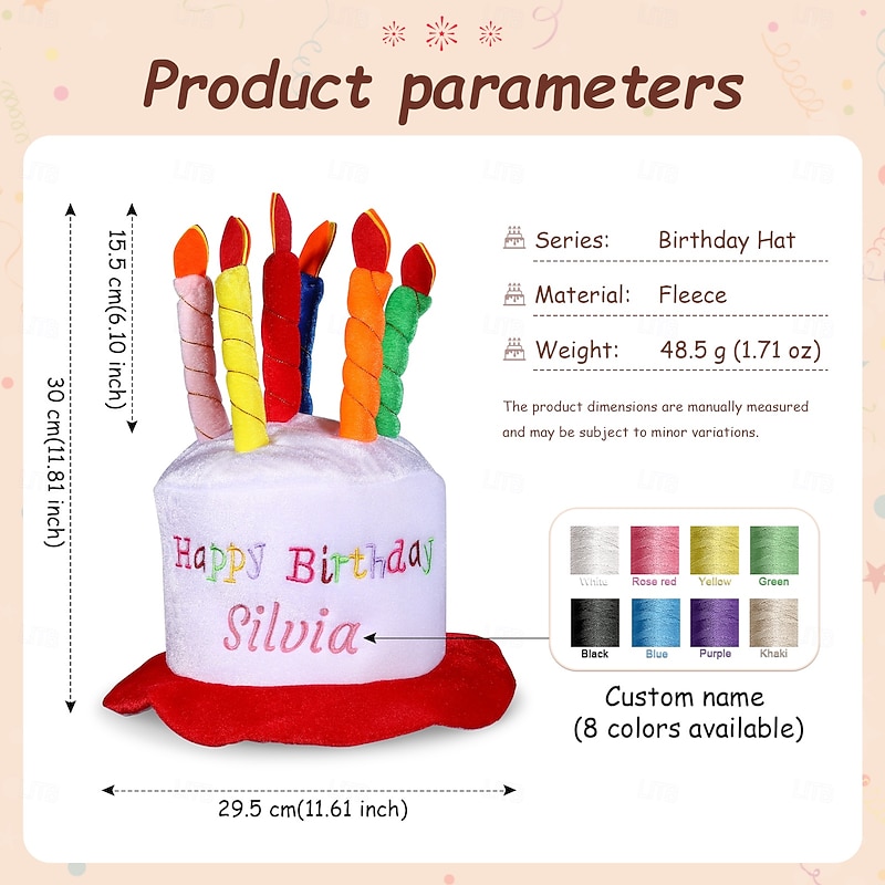 Personalized Birthday Cake Hat with Custom Embroidered Name, Colorful Reusable Party Hat Decoration, Fun Creative Birthday Party Accessory & Gift for Kids and Adults3