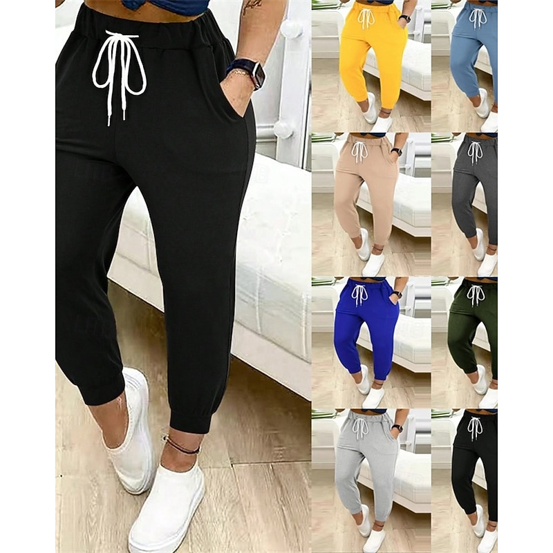 Women's Chinos Straight Streetwear Casual Ankle-Length Natural Plain Drawstring Comfortable Street Holiday Daily Wear Light Sky Blue Black Green ash-colored Fall Regular Fit