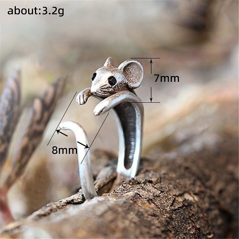 Little Mouse Ring Wrap Around Ring for Women, Adjustable Open Animal Ring, Cute Vintage Rat Design Statement Jewelry Gift for Her2