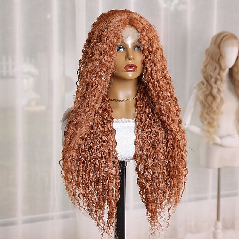 Synthetic Lace Wig Deep Curly Style 28 inch Orange Middle Part U Part Wig Women's Wig Orange / White / Blue3