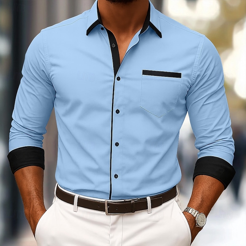 Men's Shirt Dress Shirt Button Down Shirt Non Iron Shirt Button Up Shirt Color Block Wedding Business Light Blue White Wine khaki Long Sleeve Turndown Spring &  Fall All Seasons Clothing Apparel