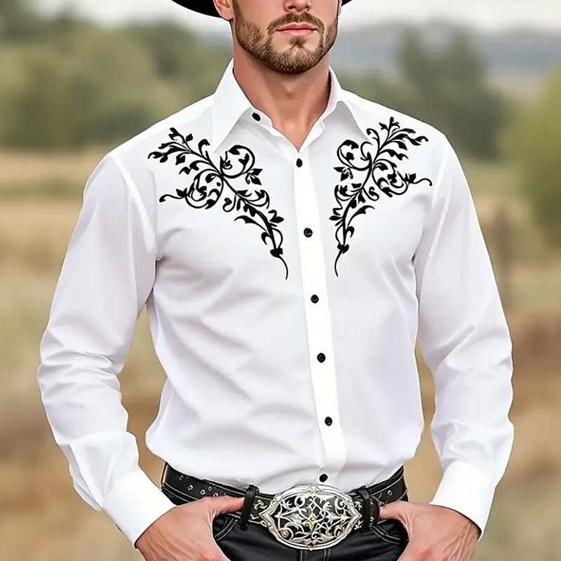 Men's Scroll Floral Print Ethnic Shirt Western Shirt Cowboy Shirt Long Sleeve Vintage Retro Outdoor Vacation Spring Fall Turndown 3D Print Linen Like Shirt Dark Khaki White Dark Blue4