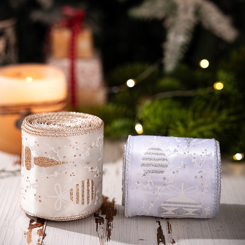 2 Roll Christmas Ribbon, DIY Decorative Silver Christmas Tree Ribbon, Satin Ribbon for Bows and Holiday Decorations2