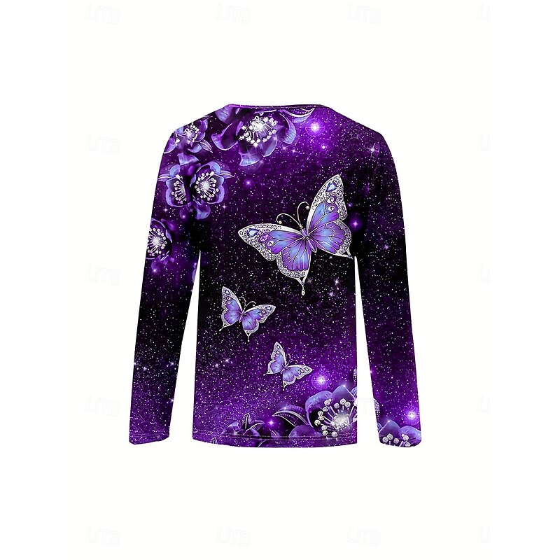 Women's T Shirt Ombre Graphic Animal Elegant Vintage Stylish Long Sleeve Round Neck Notched Neck Regular Tops Daily Weekend Zipper Print Purple Spring Fall Winter3