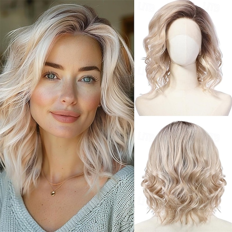 Side Part Wavy Wig Blonde with Brown Root Layered Bob Wig 14 Inch Shoulder Length Heat Resistant Synthetic Wig for White Women3