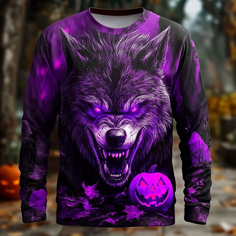 Halloween Men's 3D Werewolf T Shirt Long Sleeve T shirt 3D Print Crew Neck Shirt Fashion Exaggerated Street Casual Daily Blue Purple Orange Summer Spring Fall Clothing Apparel S M L XL XXL XXXL4