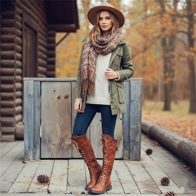 Women's Vintage Brown Faux Leather Riding Boots with Lace-Up and Buckle Detail - Knee-High Equestrian Style for Casual and Outdoor Wear2