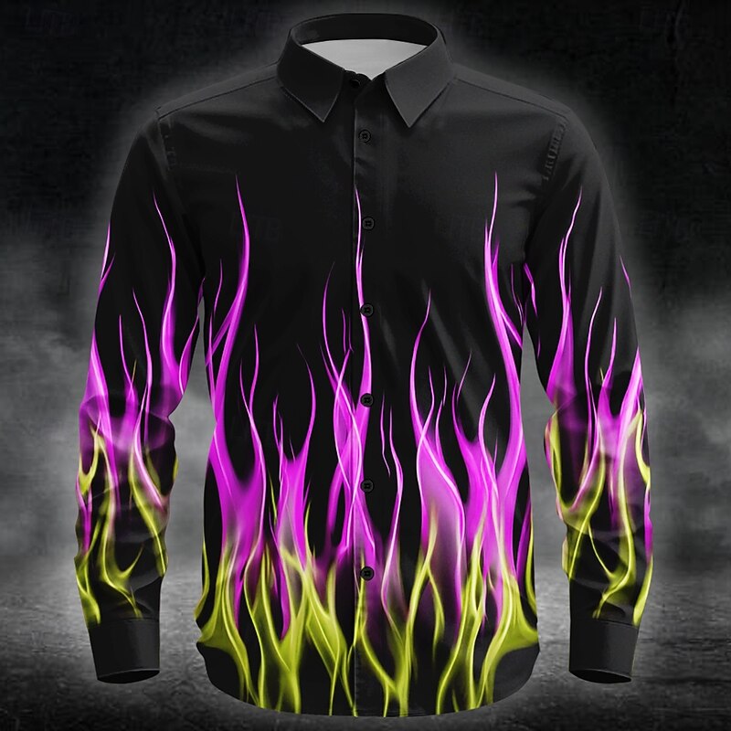 Halloween Men's Flame Neon Glow Shirt Button Up Shirt Long Sleeve Dark Punk Gothic Style Outdoor Holiday Summer Spring Turndown 3D Print Collared Shirts Purple Orange Green Rose Red3