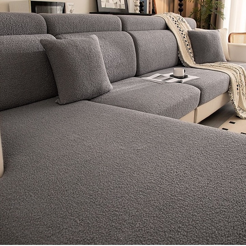 Thick Teddy Fleece Sofa Cover, Full Slipcover Universal Fit, Self-Heating Non-Slip Cushion Protector for Winter