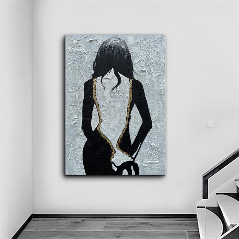 Handmade Light Blue Girl Back Thick Canvas Artwork Black And White Women Face Texture Abstract Oil Painting Simple Lines Decoration Art For Home Decor3