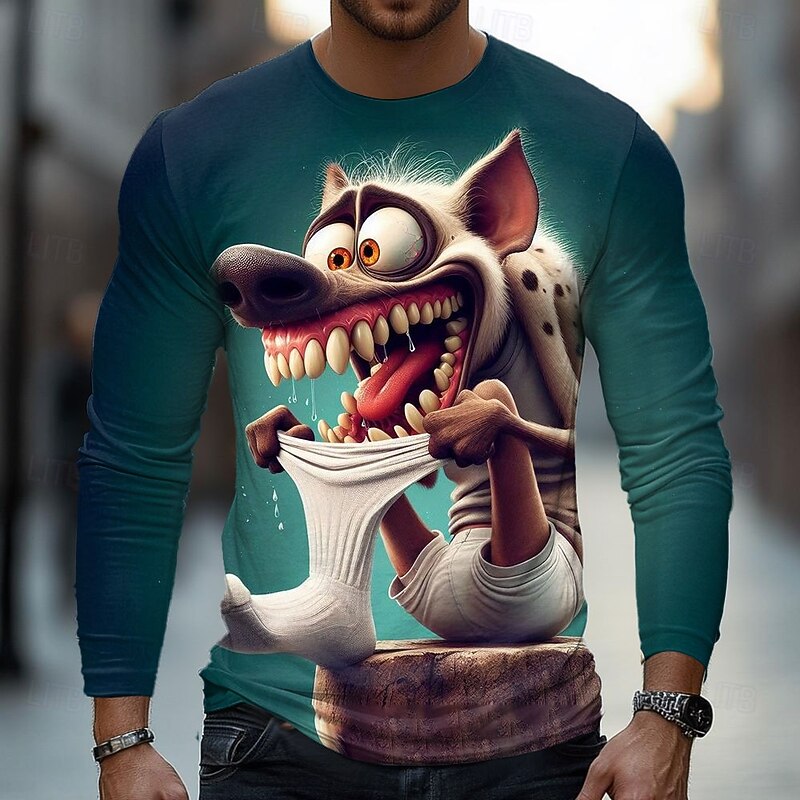 Men's Animal Funny Hyena T Shirt Long Sleeve T shirt 3D Print Crew Neck Shirt Fashion Basic Street Casual Daily Light Blue Blue Green Summer Spring Clothing Apparel S M L XL XXL XXXL4