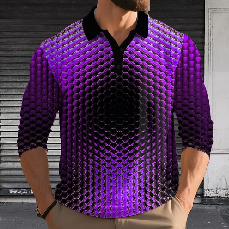 Men's Geometric Polo Long Sleeve Polo Shirts Lapel Casual Outdoor Street Athleisure Daily Wear 3D Print Buttons Spring Fall Winter Red Blue Purple2