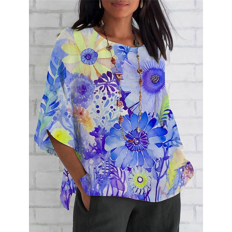 Women's Shirt Floral Daily Casual 3/4 Length Sleeve Crew Neck Regular Tops Daily Holiday Print Pink Blue Purple Fuchsia Summer Spring Fall3
