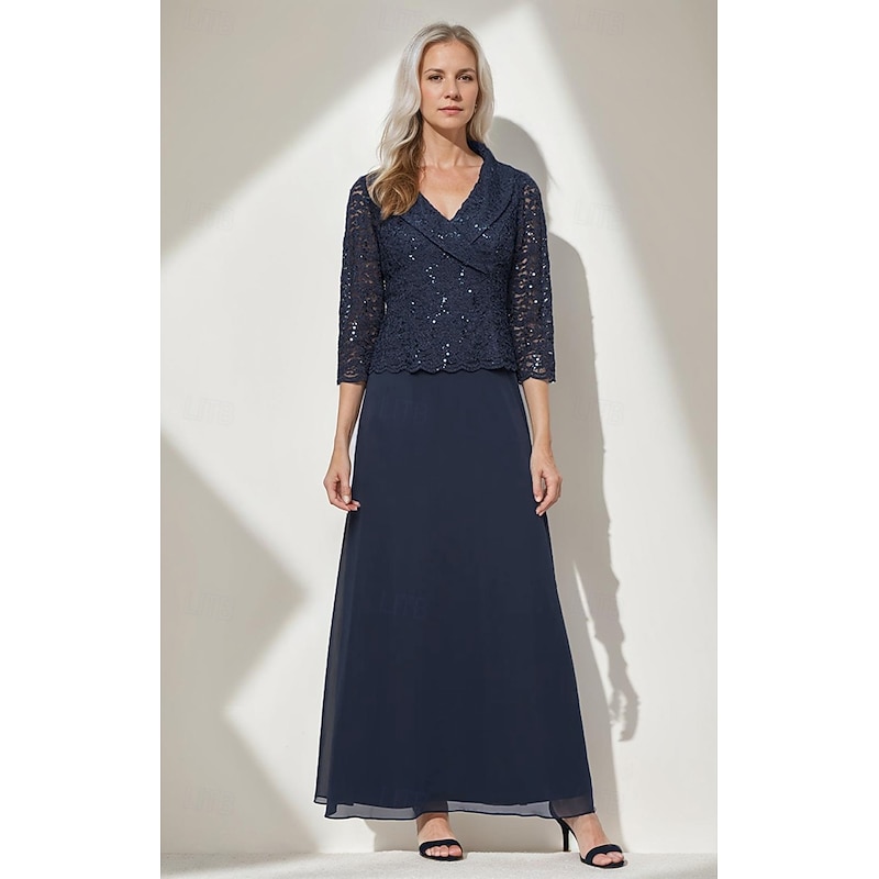 A-Line Mother of the Bride Dress Portrait Collar Elegant Simple Minimalist V Neck Floor Length Chiffon Sequin Lace 3/4 Length Sleeve with Scalloped Hem