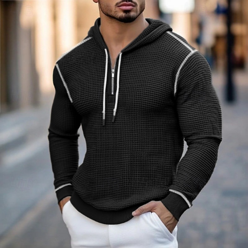 Men's Hoodie Waffle Hoodies Pullover Hoodie Sweatshirt Quarter Zip Hoodie Black Army Green Brown Gray Hooded Plain Patchwork Zipper Color Block Sports & Outdoor Casual Daily Streetwear Cool Sportswear3