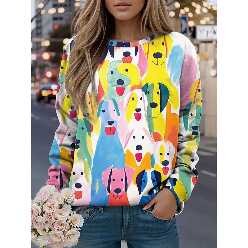 Women's Sweatshirts Graphic Animal Casual Long Sleeve Crew Neck Regular Tops Street Casual Holiday Print Black Yellow Light Green Green Spring Fall Winter2