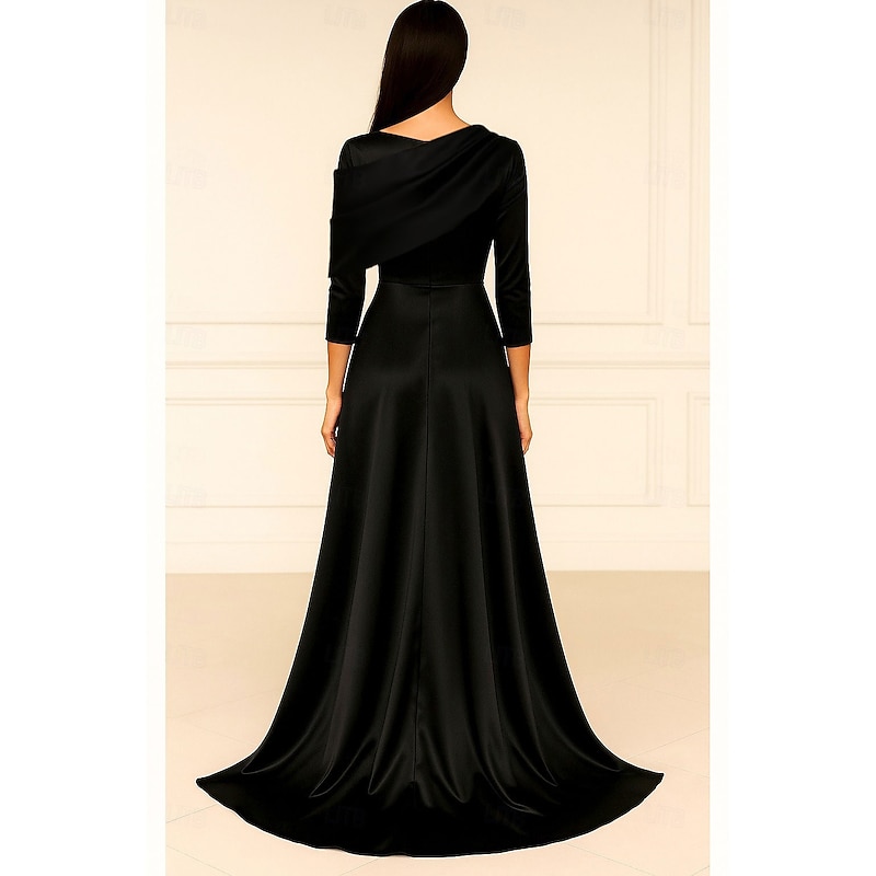 Black and Gold A-Line Evening Gown Elegant Dress Formal Wedding Floor Length Long Sleeve Queen Anne Satin with Glitter Pleats2