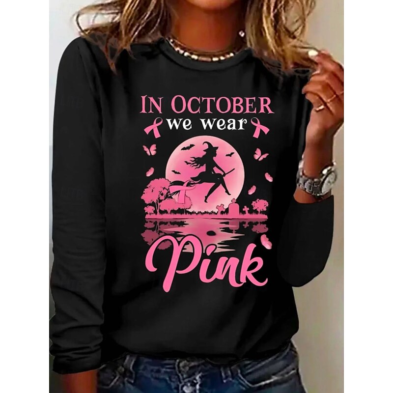 Halloween Women's T shirt Witch Long Sleeve Graphic Vintage Casual Long Sleeve Crew Neck Regular Tops Daily Weekend Print Pink Orange Khaki Spring Fall Prefall3