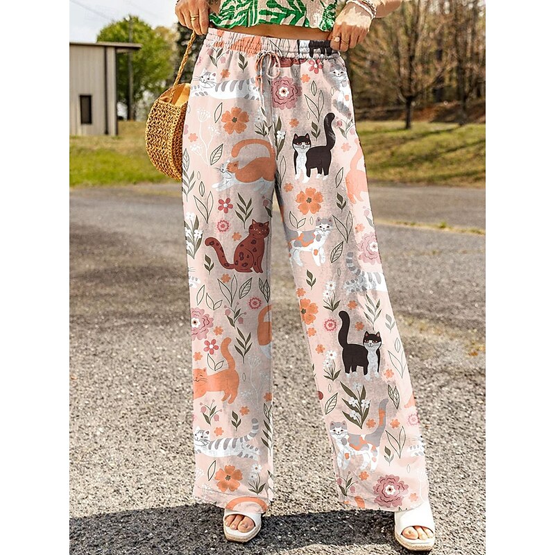 Women's Wide Leg Chinos Baggy Pants Vacation Vintage Fashion Full Length High Waist Floral Graphic Cat Wide Leg Printing Soft Breathable Inelastic Formal Vacation Street Blue Purple Orange Green