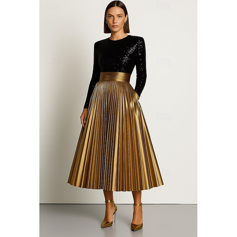 Black and Gold A-Line Cocktail Dresses Elegant Dress Formal Wedding Midi Length Long Sleeve Crew Neck Stretch Sequined with Metallic Golden Pleats and Pockets 2025
