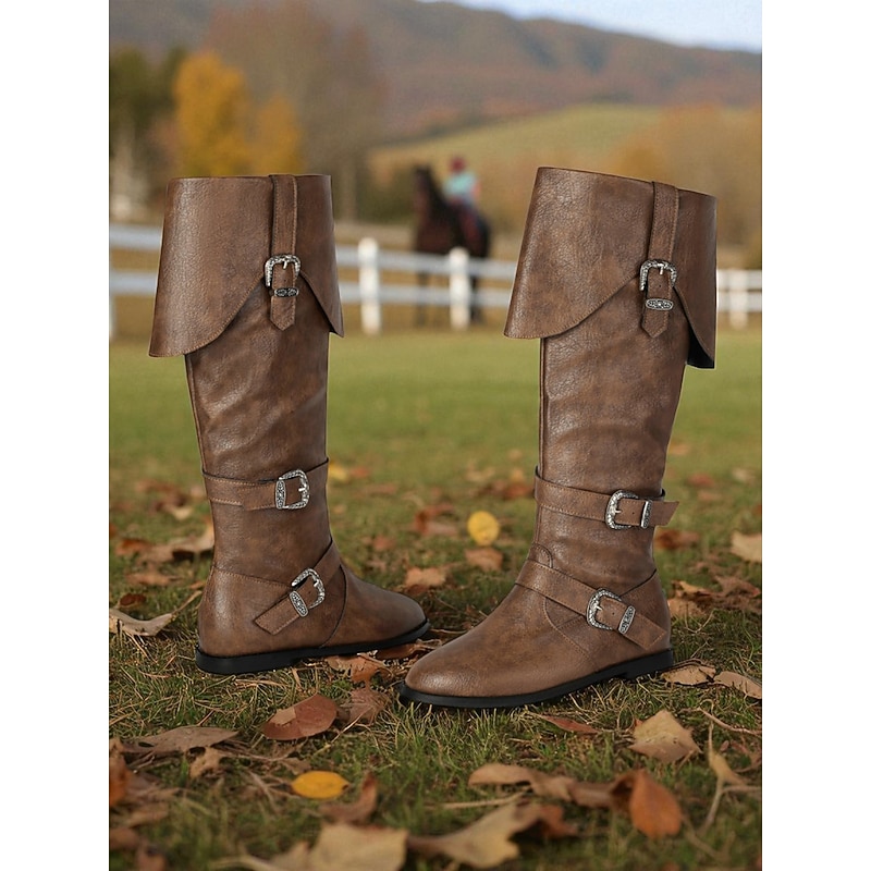 Women's Khaki Faux Leather Knee-High Boots - Vintage Riding Style with Fold-Over Cuff and Silver Buckle Straps, Comfortable Flat Heel Footwear for Autumn Outdoor, Equestrian and Casual Wear4