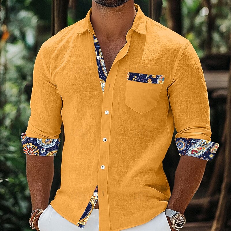 Men's Shirt Linen Shirt Summer Shirt Beach Wear Paisley Vacation Casual Yellow Pink Navy Blue Blue Short Sleeve Lapel Summer Spring & Summer Clothing Apparel Color Block4