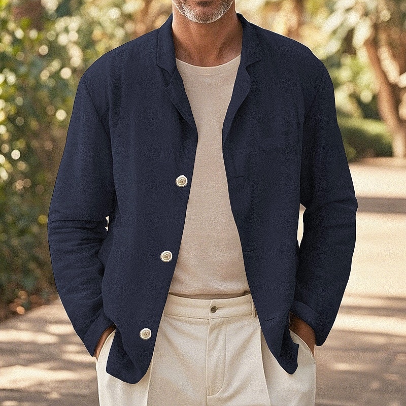 Men's Linen Blazer Blazer Business Cocktail Party Wedding Party Fashion Casual Spring Fall Cotton And Linen Plain Pocket Buttons Comfortable Single Breasted Blazer Dark Brown Light Green Navy Blue2