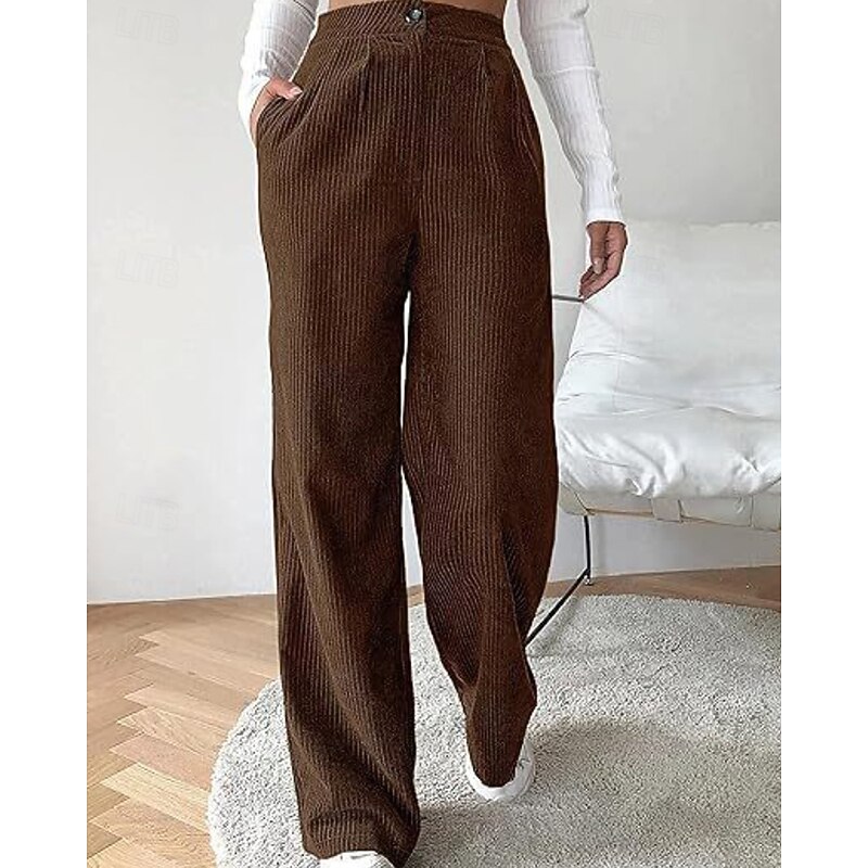 Women's Wide Leg Corduroy Pants Slacks Streetwear Casual Full Length Natural Plain Pocket Elastic Waist Soft Street Holiday Daily Wear Dark-Gray Dark Brown Black Army Green Fall Regular Fit4