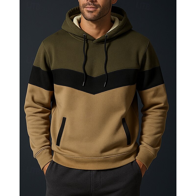 Men's Casual Sweatshirt Pullover Hoodie Thick with Pockets Long Sleeve Top Athleisure Patchwork Warm Outdoor Travel Running Sportswear Activewear White Yellow Army Green3
