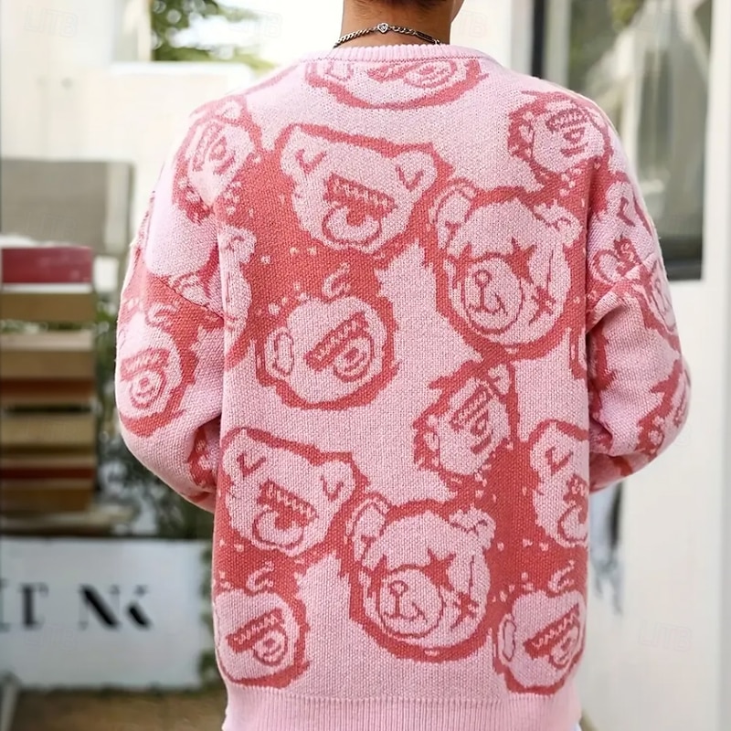 Men's Cartoon Bear Pullover Sweater Jumper Knitwear Crewneck Casual Vacation Home Daily 3D Print Knitting Keep Warm Long Sleeve Spring Fall Winter Pink3