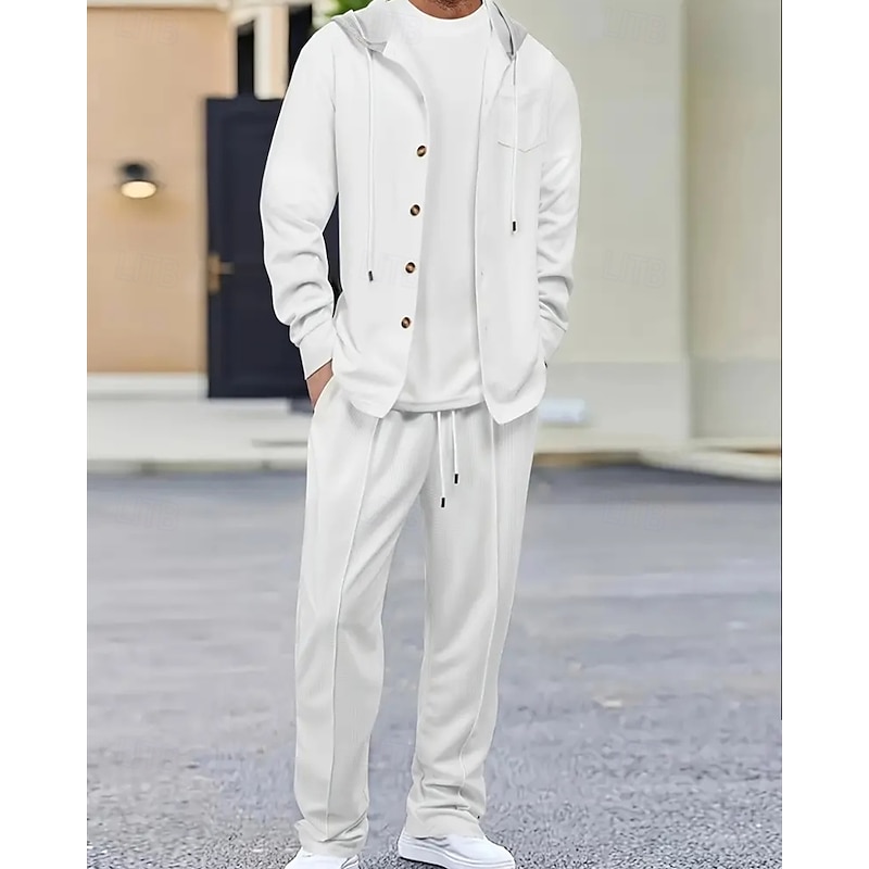 Men's Lightweight Jacket Waffle Jacket Casual Jacket Set Vacation Daily Breathable Pocket 2 Piece Spring Fall Color Block Fashion Classic Hooded Regular Black White Khaki Gray Jacket