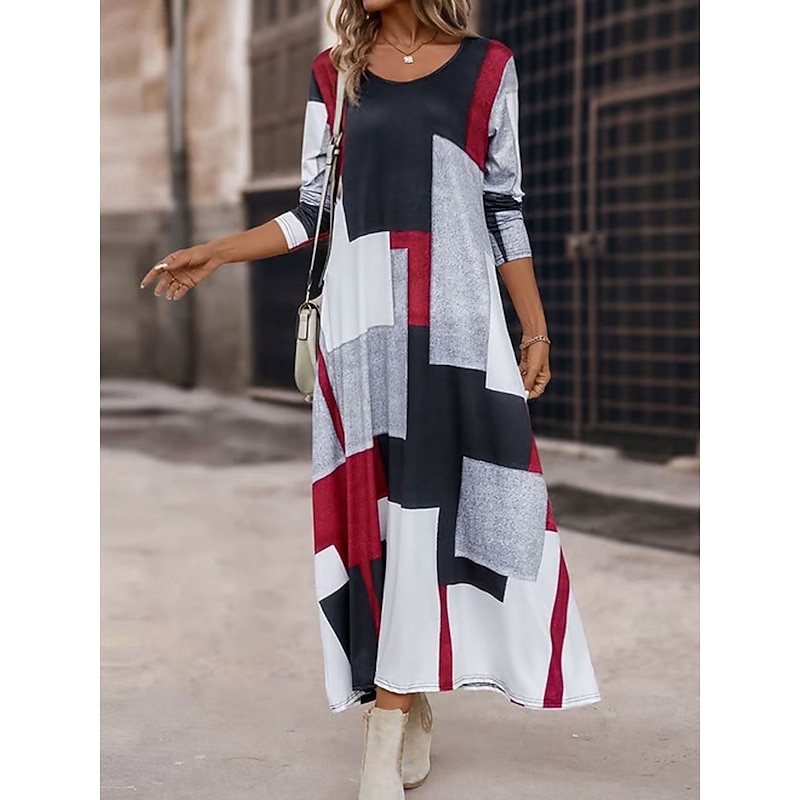 Women's Maxi Dress A Line Dress Summer Dress Vacation Casual Regular Fit Graphic Geometric Abstract Long Sleeve Crew Neck Red Spring Fall Winter